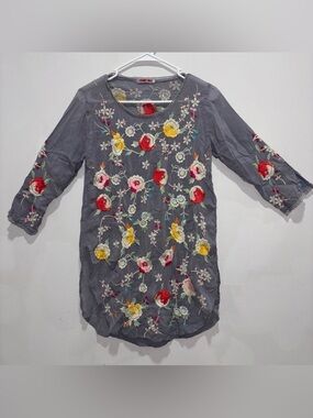 Johnny Was Playa Georgette Boho Floral Embroidered Longline Women's XS Tunic Top